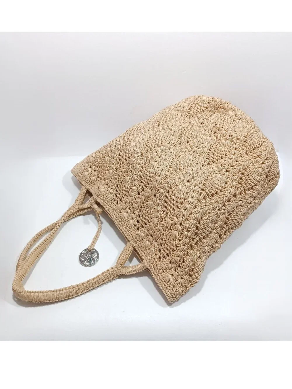 The Sak Hand Crochet Tan Shoulder Bag Double Strap 10"x12"x9" with 9" drop - Picture 4 of 9
